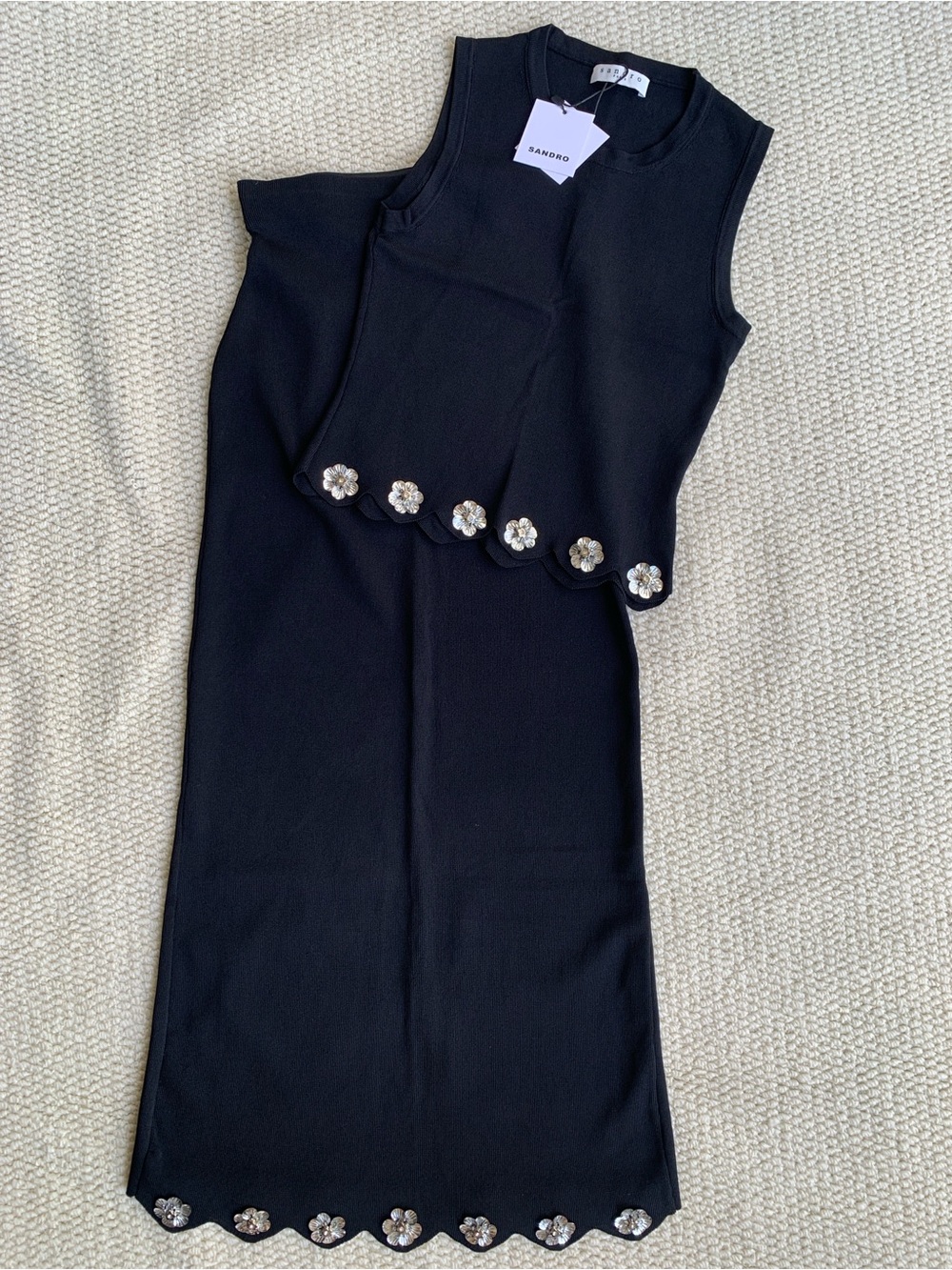 Sandro Black Sleeveless Maxi Dress with Crystal Flower Trim